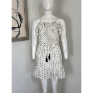 Lost + Wander White Smocked Boho Mini Dress Tassel Ruffle Summer Sundress Size S